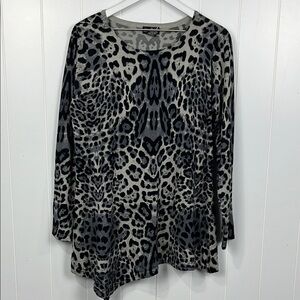 Questions Womens Tunic L Black/Gray Animal Print Asym Hemline Pullover Stretch